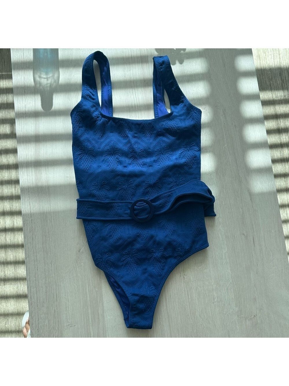 Farm Rio Blue Matelasse Pineapple Belted One-Piece Swimsuit - Picture 4 of 10